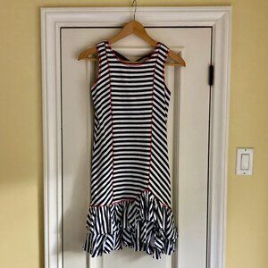 KC Parker Dark Navy Blue and White Striped Asymmetrical Flounce Dress SIZE 16